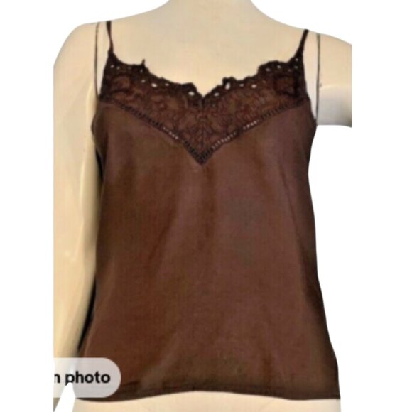 H&M  Eyelet Linen Blend Lace V Neck Camisole Top Sz 6 Brown #181E - Picture 2 of 9